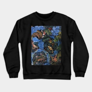 WOOD ANIMALS, BIRDS ,PEACOCKS IN BLUE GREEN LEAVES,FLORAL SWIRLS Crewneck Sweatshirt